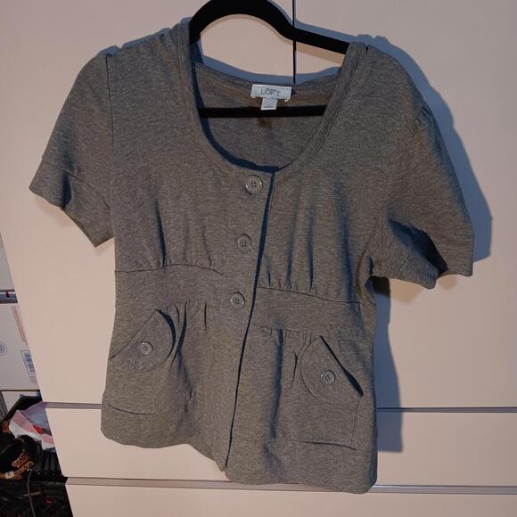 Ann Taylor Loft Cardigan Sweater Size L Gray Short Sleeve with HoodCotton Hooded - Picture 1 of 7